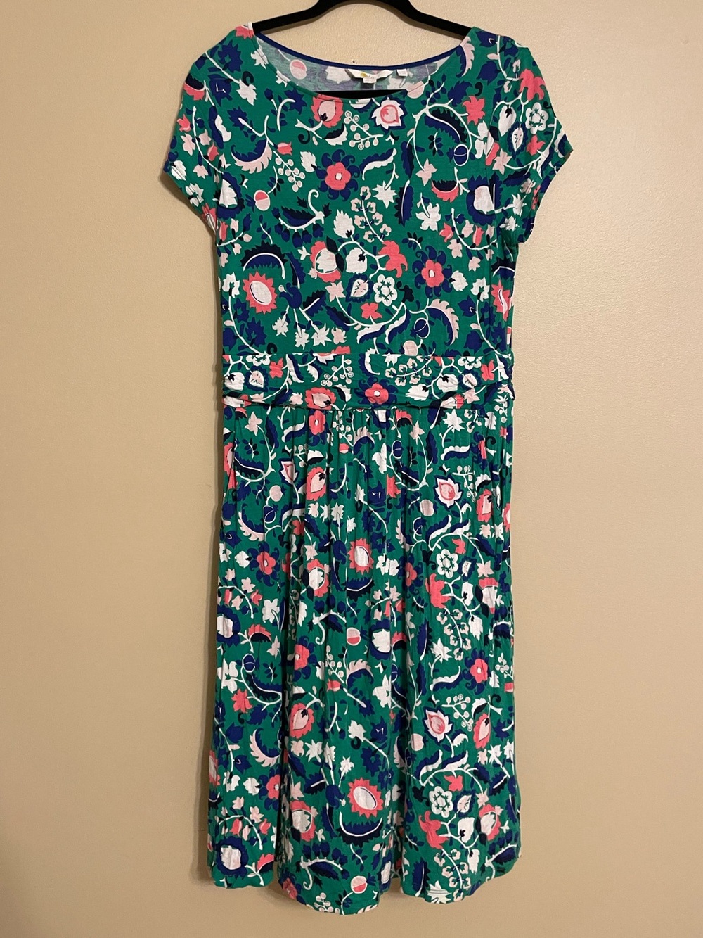Boden Amelie Jersey Midi Dress Green Paisley Stretch Cottagecore Pockets size 10